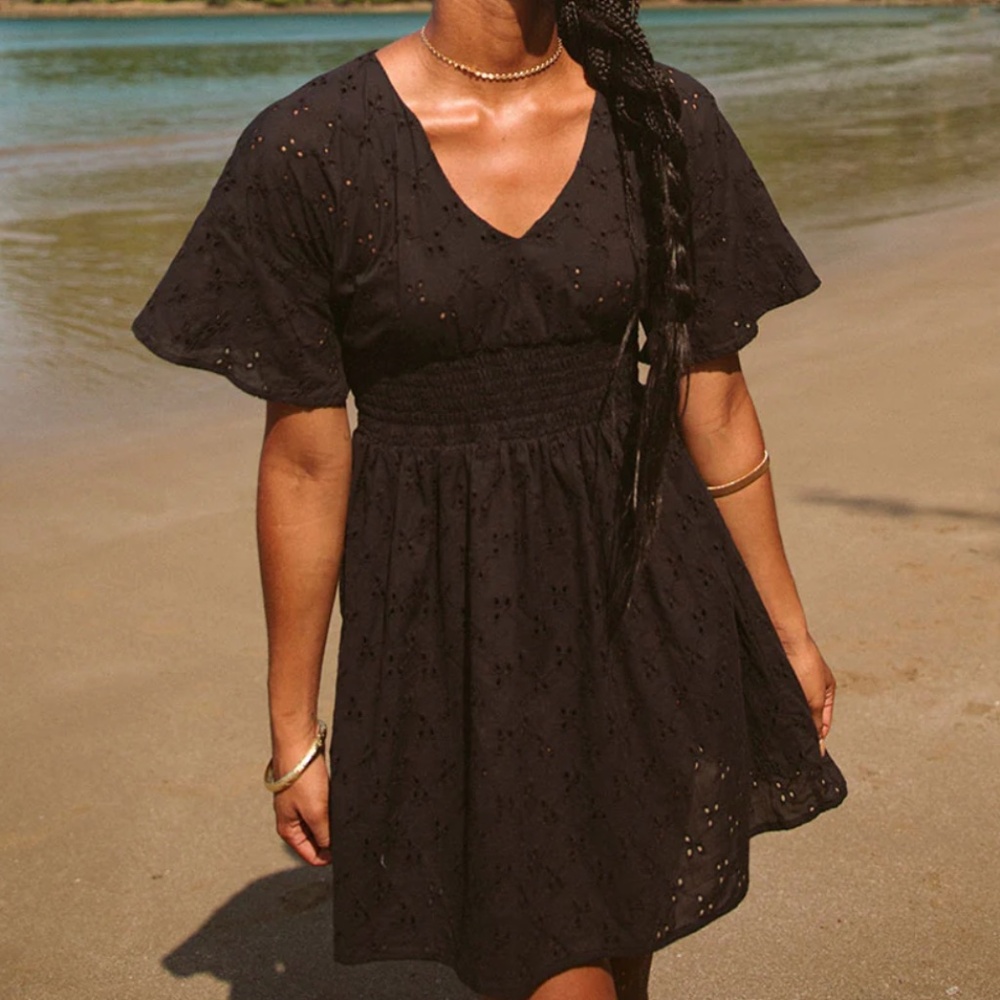 ALBION Beachwear Eyelet Smocked Mini Dress Cover Up 100% Cotton Black Size XS